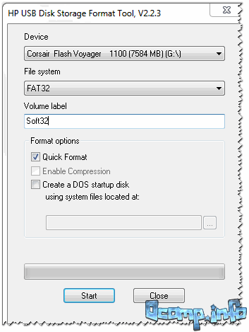Форматирвоание носителя в HP USB Disk Storage Format Tool