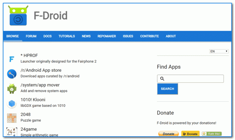 F-Droid - the main page of the service