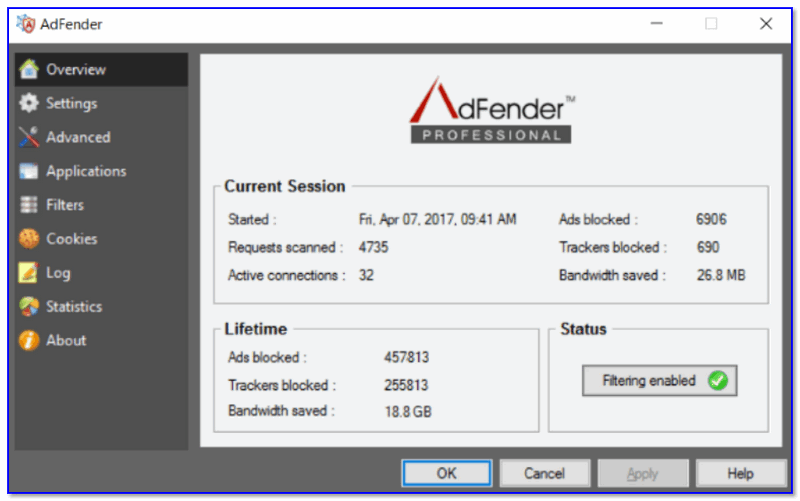 AdFender — скрин окна программы
