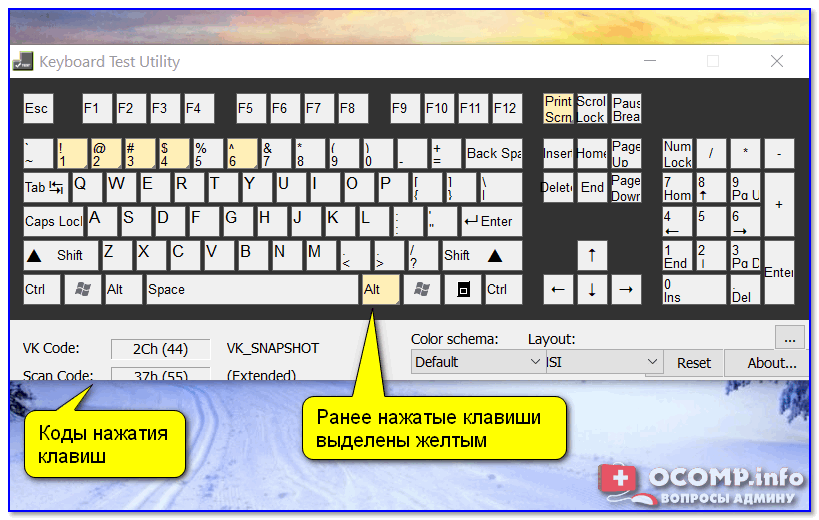 Keyboard Test Utility glavnoe okno utilityi