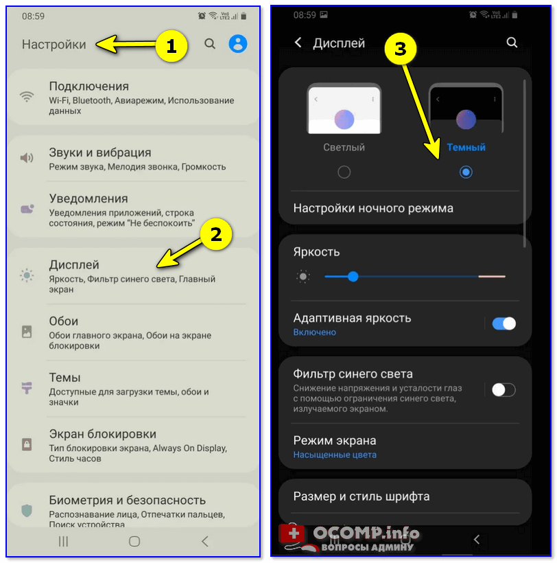 Settings - display - dark mode // Android 10.0